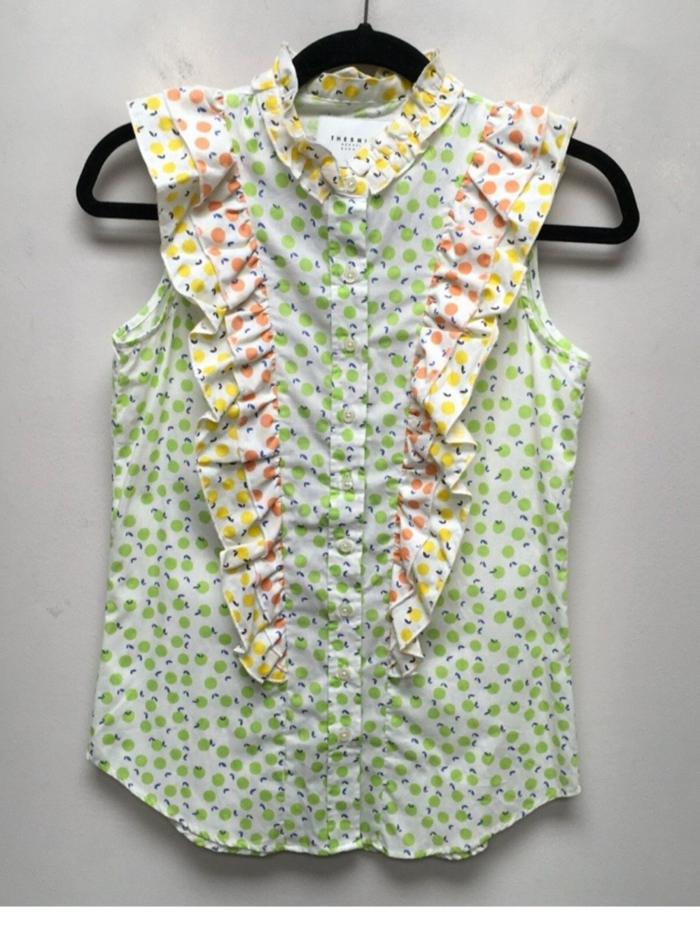 Sleeveless Ruffle Dot Shirt - Green/Yellow/Coral